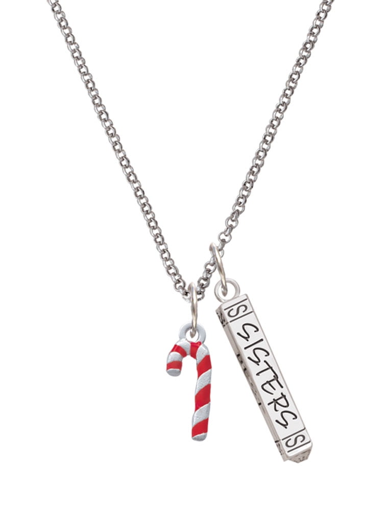 Delight Jewelry Silvertone 3-D Red Enamel Candy Cane Silvertone Sisters Best Friends Forever Bar Charm Necklace, 23"