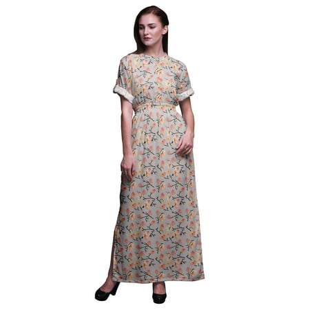 

Bimba Rayon Peach Flower Watercolor Printed Womenâ€™s Long MaxiÂ DressÂ Gown with Side Slit-Small Light Grey