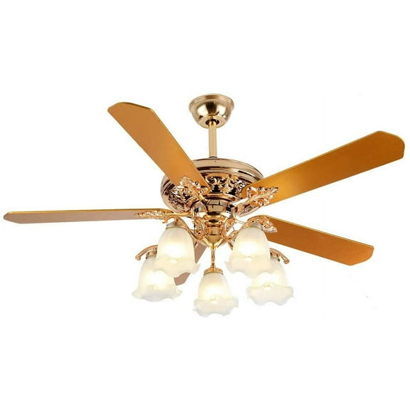 DENEST 52 Inch Gold Ceiling Fan with LED Light and Remote Control,Creative Design Chandelier Fan Light with 5 Wood Reversible Blades 5 Frosted Glass Lampshades,Quiet Motor