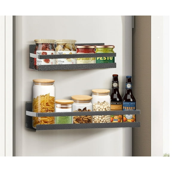 Uten Magnetic Spice Rack for Refrigerator - Strong Hold Stainless Steel Shelf, No Drilling Space Saver Organizer for Kitchen Cabinet, Holds Oil Bottles & Spice Jars (2 Pack, Black)