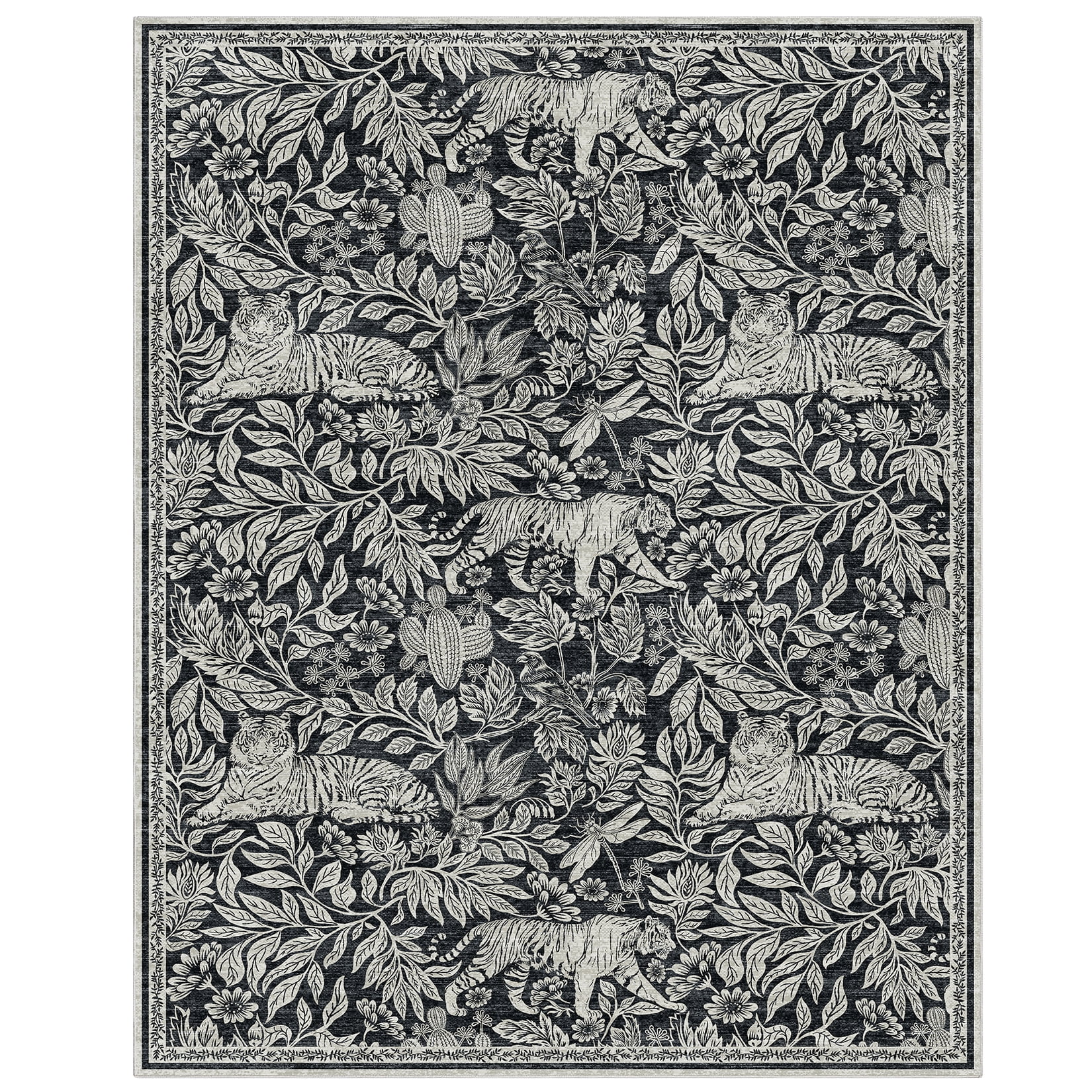 GlowSol 9'x12' Washable Area Rug Forest Tiger Print Area Rugs Vintage Rug Non-Shedding Stain-Resistant Rugs for Living Room Bedroom, Black