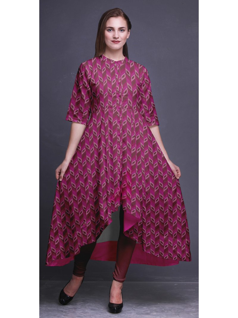 asymmetrical indian dress Bimba Pink Herringbone Geometric Indian Ethnic Wear For Women Printed  Anarkali Kurti Asymmetrical Dress-Large