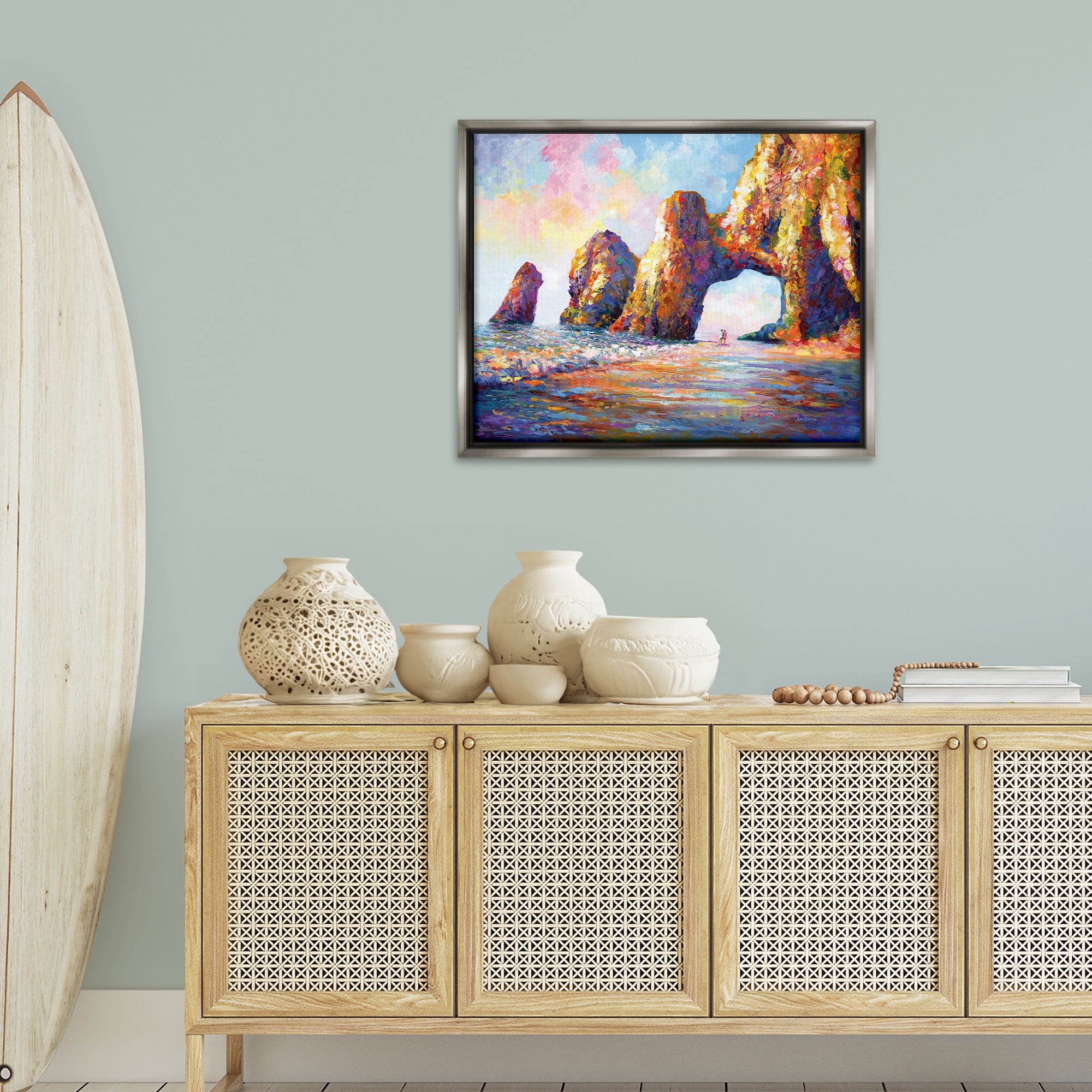 Stupell Industries Couple Strolling Beach Arch Landscape Painting Gray Floater Framed Canvas Art Print Wall Art, 31 x 25
