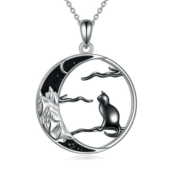 Black Cat Necklace for Women Sterling Silver Celtic Moon Cat Jewelry Gifts (mountain)