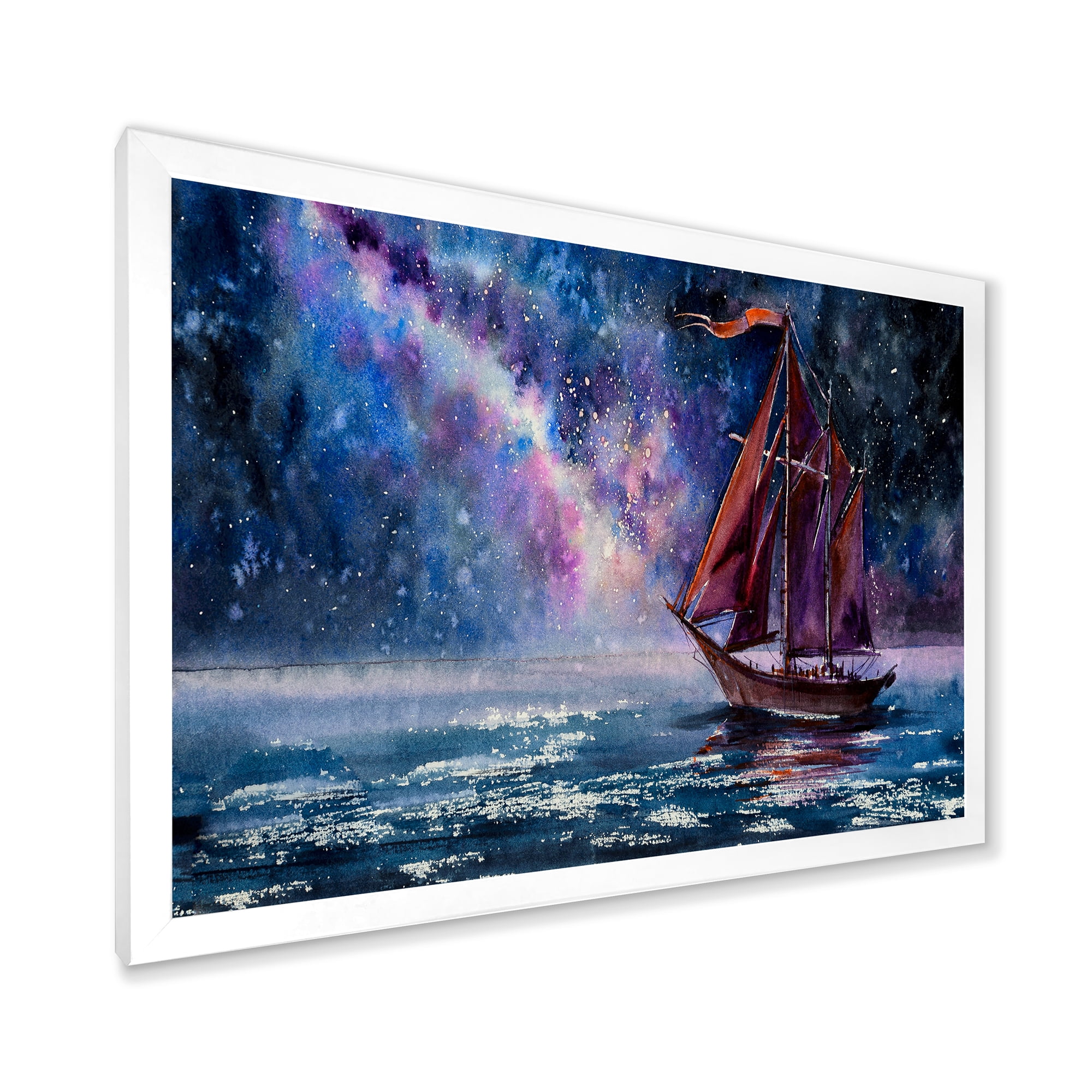 Designart 'Red Sails & Bright Night Sky With Wooden Sailboat' Nautical & Coastal Framed Art Print