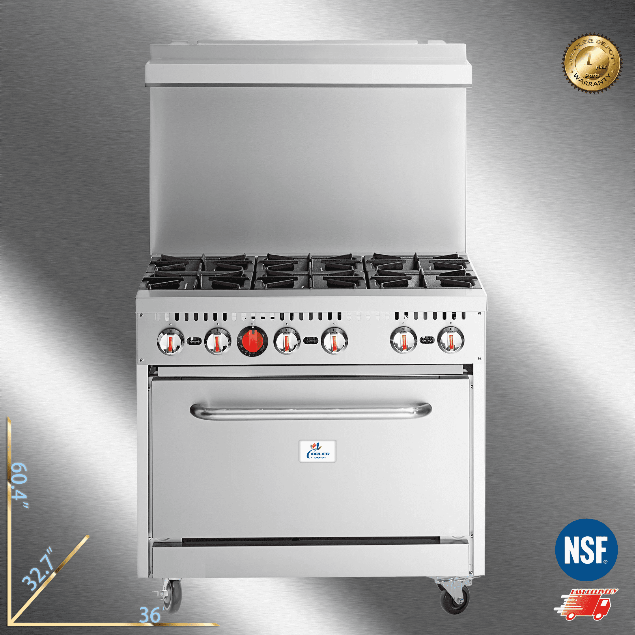 Cooler Depot NSF 36" Commercial 6-Burner Gas Range with Oven, 4.6 cu ft, Model HFSO-36