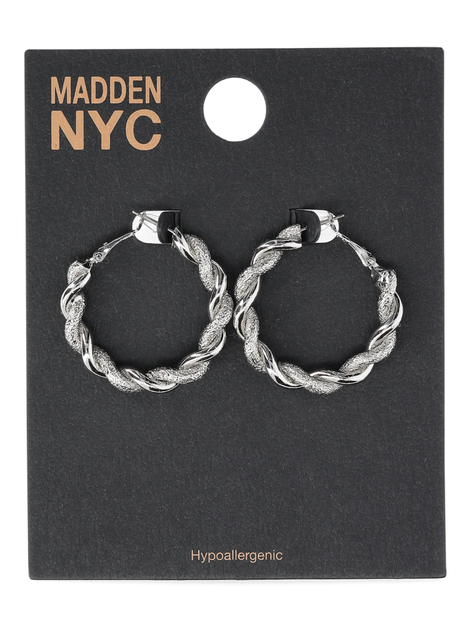 Madden NYC Women's Fashion Rhodium Textured Twist Medium Hoop Earrings