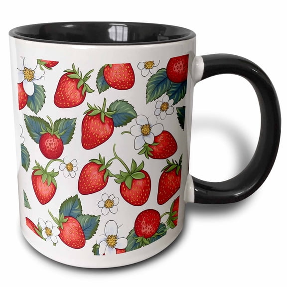 3drose, Cute Strawberries and White Flowers Background, 11oz Two-tone Black Mug