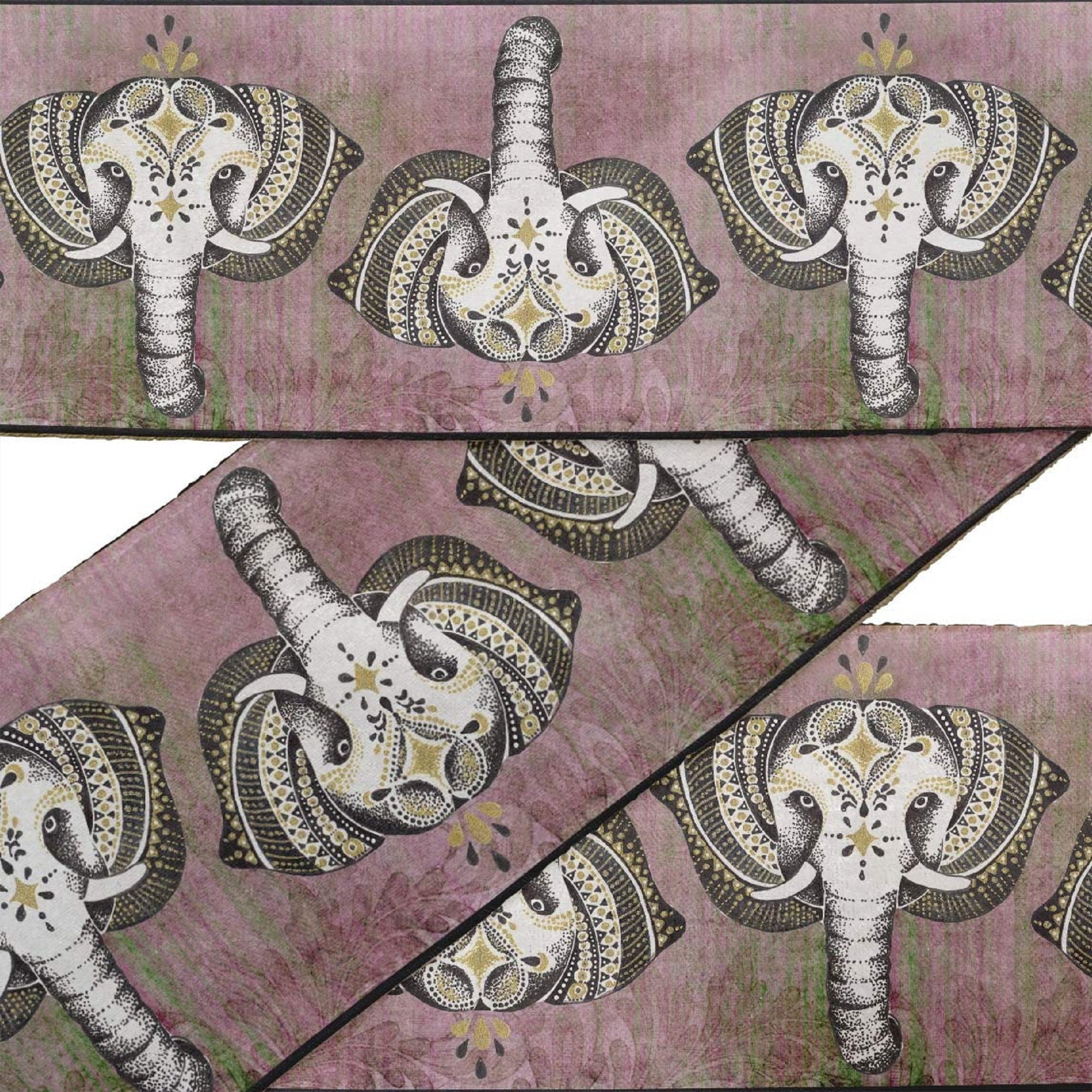 IBA Indianbeautifulart Green Tribal Elephant Face Animal Printed Ribbon&nbsp;Trim&nbsp;9 Yards Velvet Fabric Laces For Crafts Sewing Accessories 4 Inches