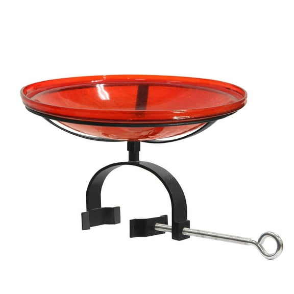Achla 14" Red Crackle Glass Birdbath With Over Rail Bracket