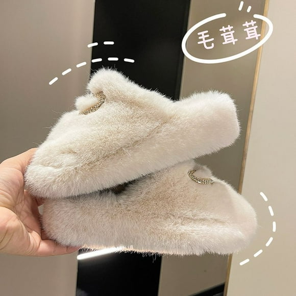 Nouveaux vêtements d'extérieur métal cristal boucle chaussures femmes fond épais talon compensé Muller fourrure pantoufles hiver chaud tête ronde pantoufles