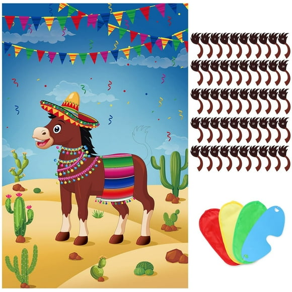 Donkey Tail Party Game Set - 50 Tails, Large Mexican Poster - Kids Birthday Fiesta Supplies - Fun Interactive Activity for Children's Parties