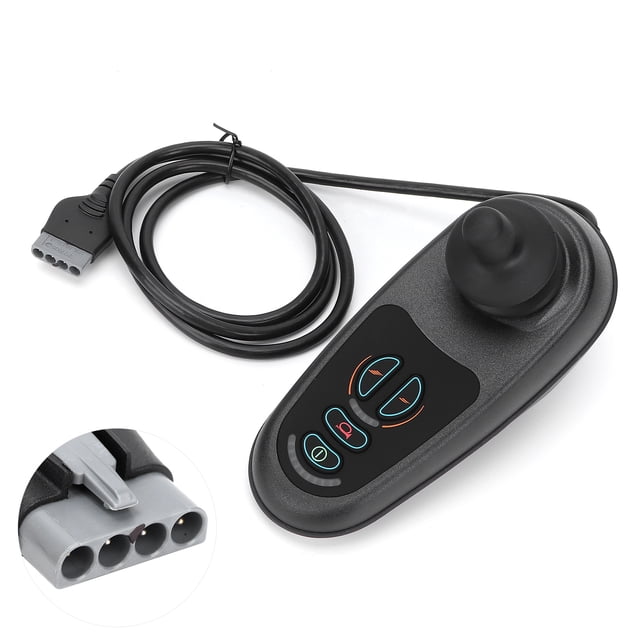 controlador de joystick para silla de ruedas de 4 4 teclas apto para pg vr2 d50677 accesorio para sillas de ruedas de movilidad eléctrica Controlador negro en vista 3/4 con joystick redondeado, panel con cuatro botones (encendido, bocina, disminuir/aumentar velocidad), indicadores LED de batería y velocidad, cable largo y conector gris de 4 pines; diseñado para montaje directo en modelo D50677 y frecuentemente usado como repuesto compatible.