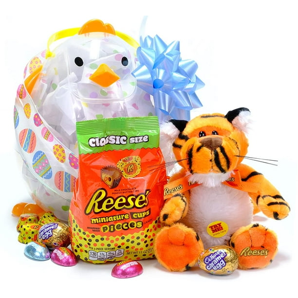 Reeses Pieces Easter Peanut Butter Cup Gift Basket with Caramel Cadbury Egg and 11 Singing Tiger