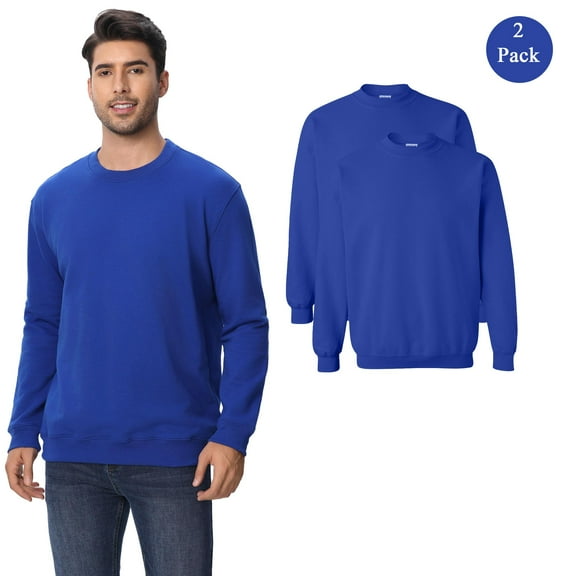 Zfeel Men Long Sleeve Crewneck Sweatshirt, Cotton and Poly Blend Pullover Fleece, Royal, 2-Pack, S