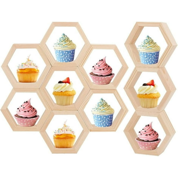10 soportes para cupcakes con forma de panal, estantes grandes con forma de panal, soporte hexagonal para exhibición de pasteles, soporte de madera para exhibición de postres, soporte para letrero