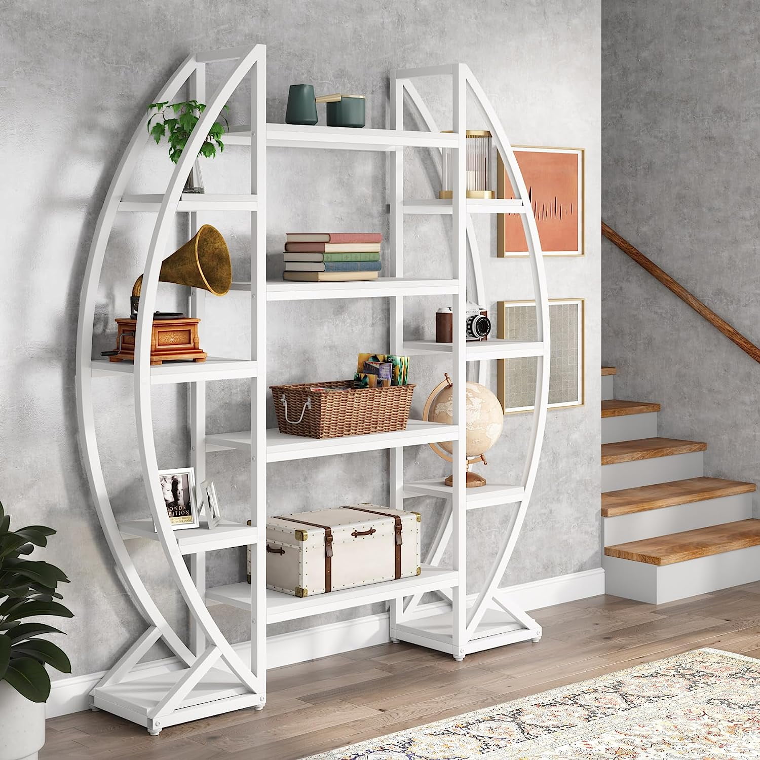 Bookshelf, Oval Triple Wide 5 Tiers Etagere Bookcases, Industrial Display Shelves for Living