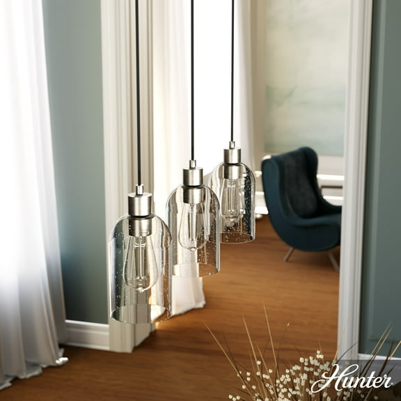 Hunter - Lochemeade 3-light Brushed Nickel, Large Cluster Light, Dimmable, Modern Style, Linear Shaped, for Bedrooms, Dining, Living Rooms - 19716