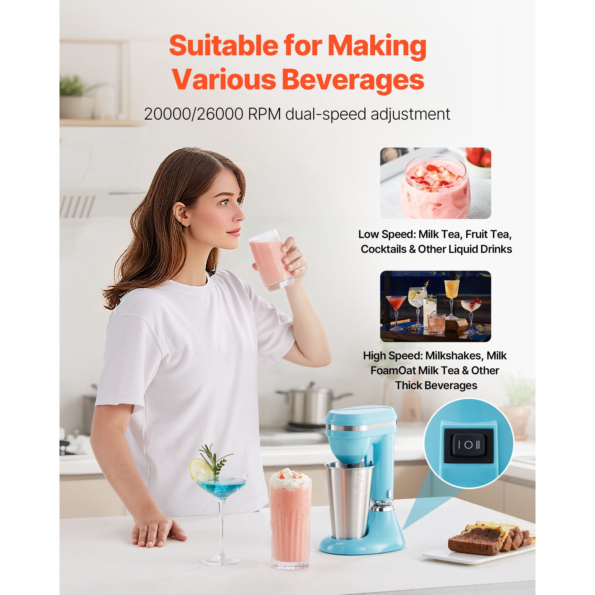 KFFKFF Milkshake Maker, 100W Drink Mixer Machine, Single-Head Blender with Dual-Speed Settings and Stainless Steel Cup, Ideal for Home, Kitchen, Bars, and Beverage Shops
