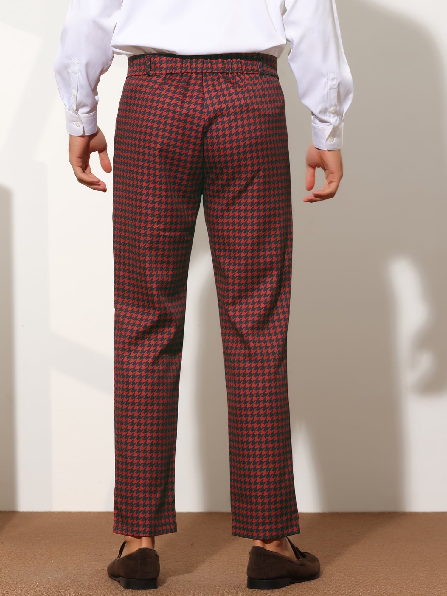 Unique Bargains Men's Houndstooth Pattern Pants Slim Fit Business Plaid Dress Trousers 32 Red Black
