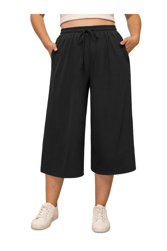 Women's Plus Size Capri Pants Stretchy Wide Leg Summer Drawstring Elastic Waist Lounge Pants With Pockets XL-5XL