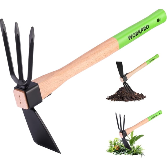 Hoe and Cultivator Garden e with 14" Wooden Handle, Sharp Blade & Sturdy 3 Claw Tiller, 2-in-1 Heavy Duty Gardening Hand Tools for Digging, Loosening Soil, Weeding, Cultivating