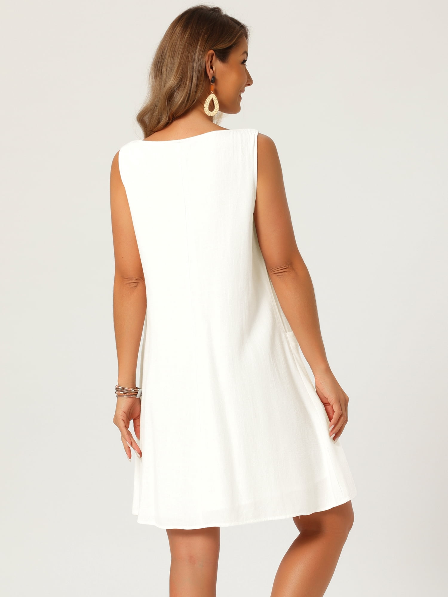 DARING DIVA Women's Linen Sleeveless Sundress Casual Loose Flowy Mini Dress L White