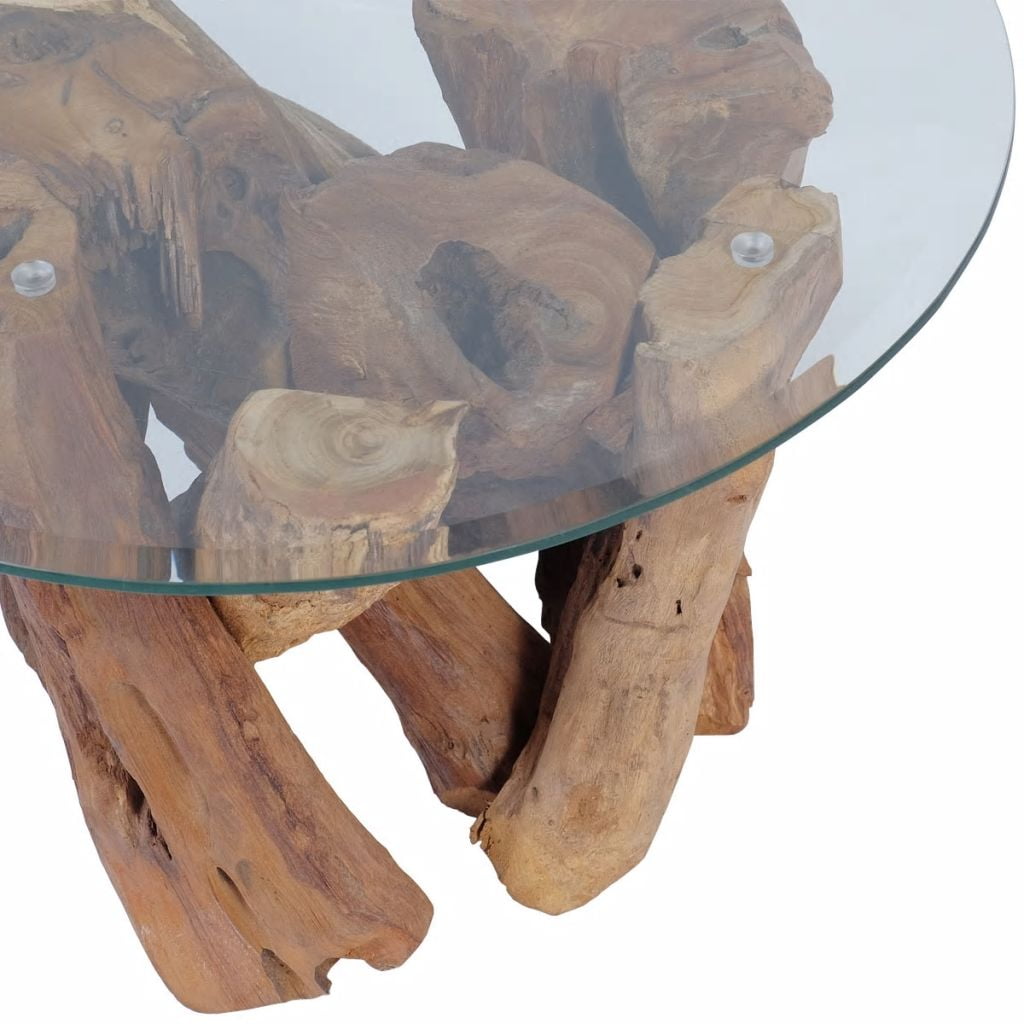 Best 23.6" Coffee Table, Solid Teak Driftwood with Glass Top and Teak Base, A