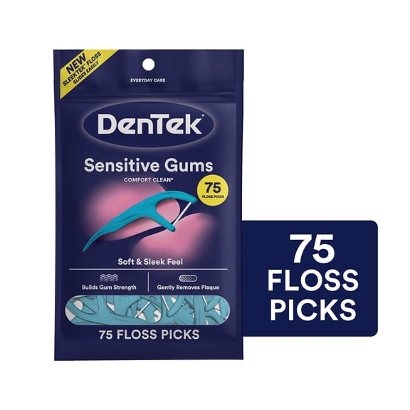 DenTek Comfort Clean Sensitive Gums Floss Picks, Soft & Sleek Ribbon Floss, 75 Count
