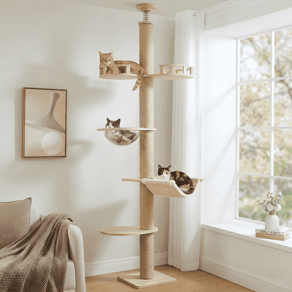Mekidulu 95in-108in Adjustable Floor to Ceiling Cat Tree with 4.3in Posts, Wood Indoor Tower, Natural