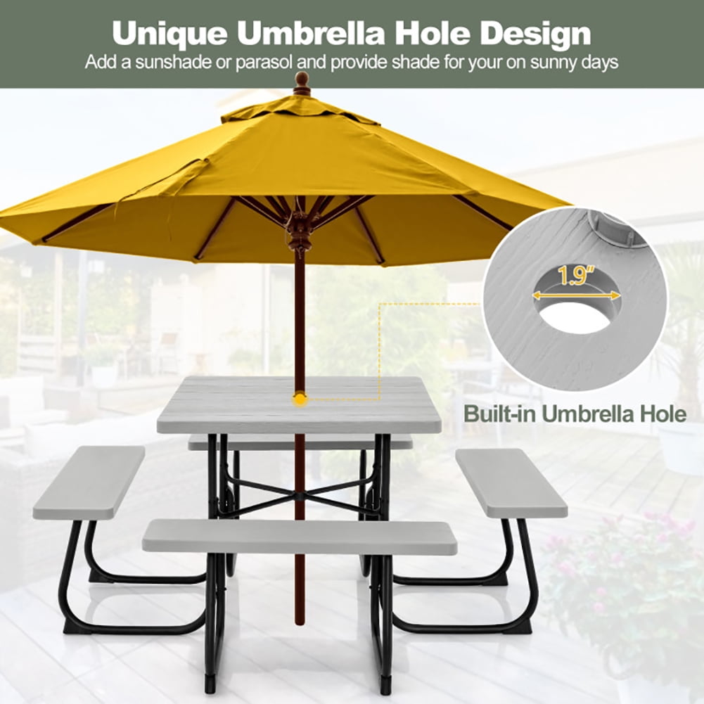 Aimee Lii Outdoor Picnic Table with 4 Benches and Umbrella Hole, Outdoor Patio Furniture, Gray