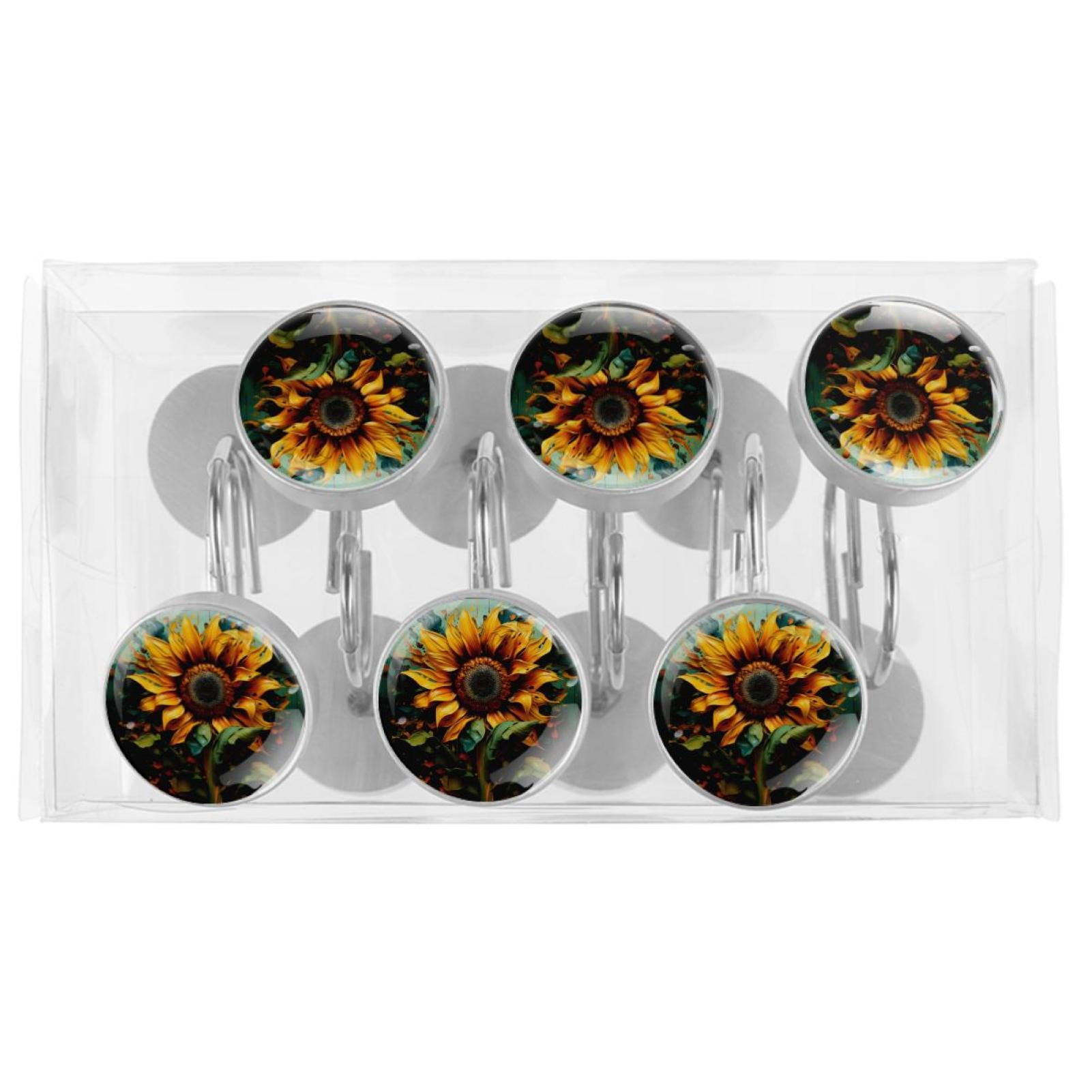 Sunflower Shower Curtain Hooks （Set of 12） for Home Hotel Shower Rods Bathroom Crystal Glass Print Stainless Steel Round Curtain Hooks