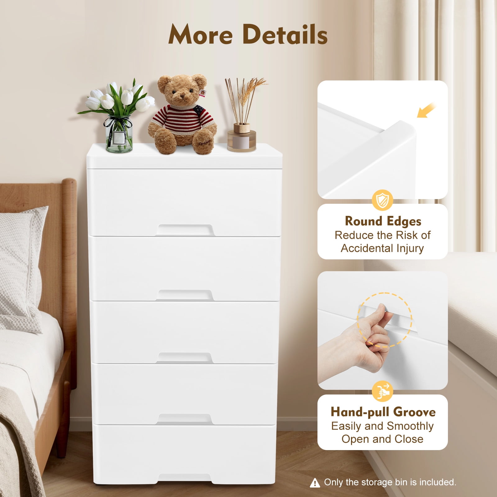 ChicHomey 5 Tier Plastic Drawers Dresser with 5 Drawers,Rolling Storage Cabinet 4 Casters,White Modern Home Organization for Bedroom/Living Room/Children's Room​