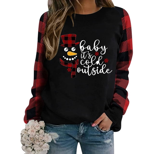 Faithtur Femmes Sweat-Shirt Modèle de Style de Noël à Manches Longues Pull à Carreaux