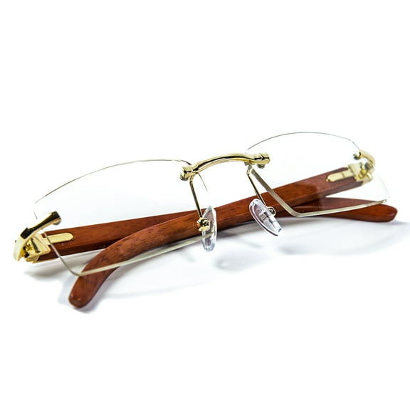 Men's Rimless Wood Vintage Retro Gold Frame Clear Lens Hip Hop Fashion Glasses