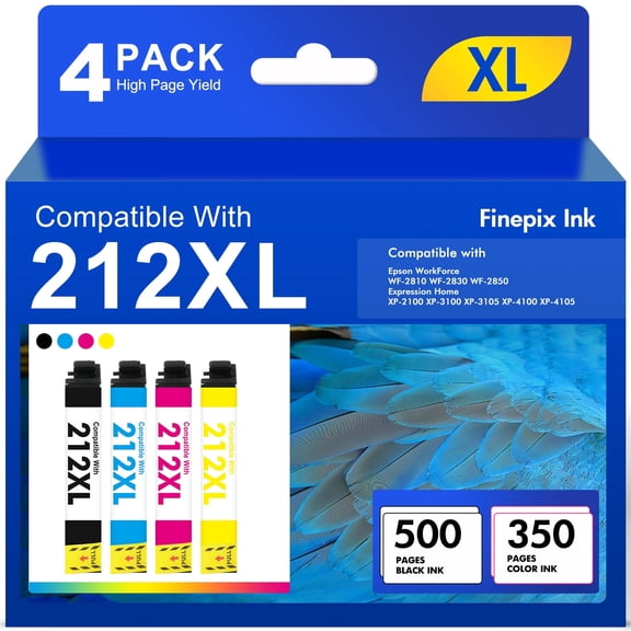 4 Pack 212XL Ink Cartridges Use With WorkForce WF-2850 WF-2830 Expression Home XP-4100 XP-4105 Compatible for Epson 212 212XL Printer Ink Combo Pack (Black, Cyan, Magenta, Yellow)