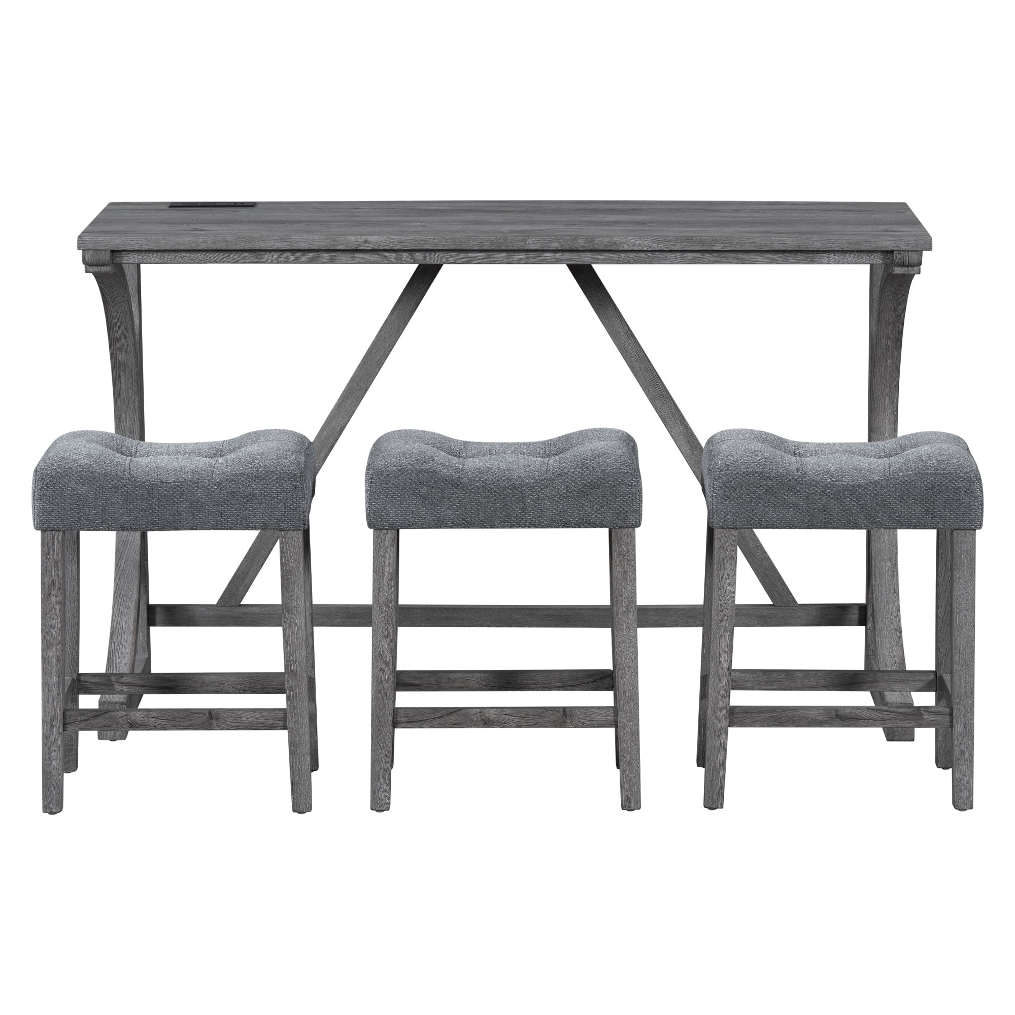 4 Piece Bar Table Set with Power Outlet,Industrial Style Dining Table Set for 3,Breakfast Table and Chairs Set for Living Room,Dining Room, Game Room,Gray