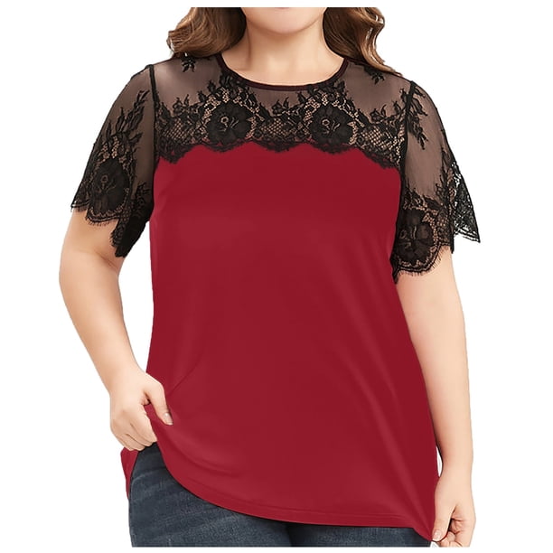 Tops tipo túnica de talla grande para mujer, blusa Sexy con cuello redondo, encaje, informal, suelta, verano OAVQHLG3B Store lin121212