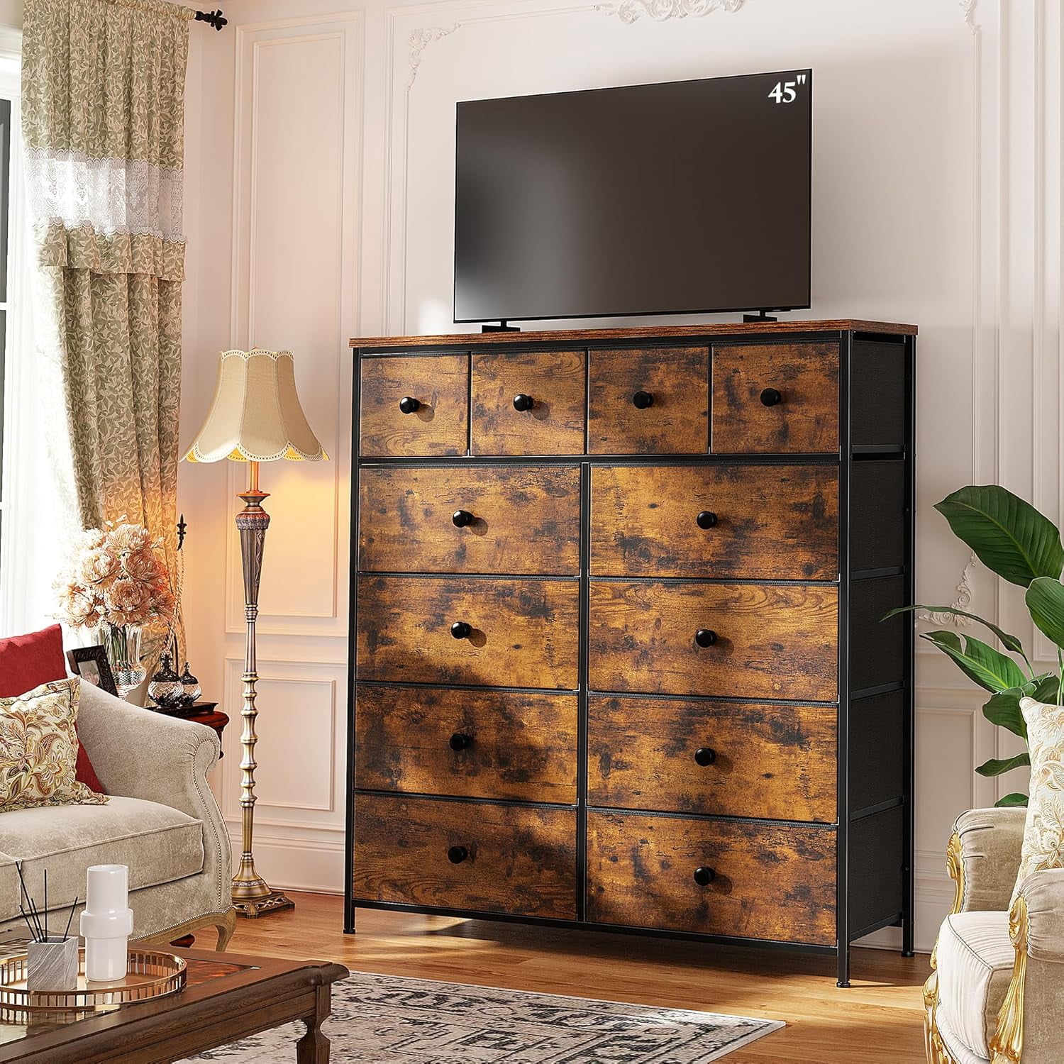 Dresser for Bedroom Tall Dresser with 12 Drawers Fabric Dressers & Chests of Drawers, Bedroom Dresser with Metal Frame, Wood Top, Entryway Living Room Closet, Rustic Brown