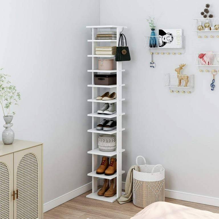 Yusong 11-Tier Shoe Rack, Entryway Shoe Tower,Vertical Shoe Organizer,  Wooden Shoe Storage Stand, 11 Pairs of Shoes (White) 