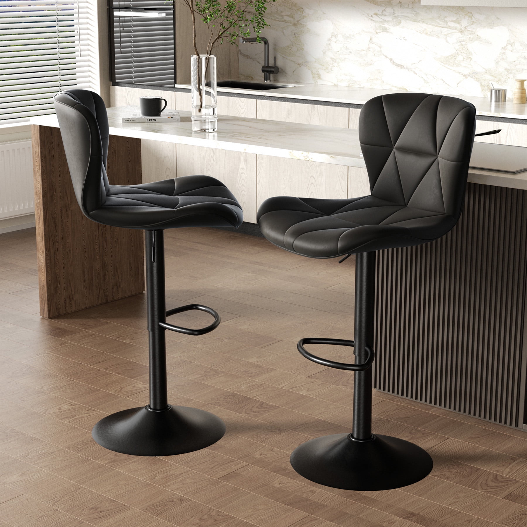 Hawsaiy Modern Bar Stools Set of 1, Adjustable Faux Leather Upholstered Swivel Bar Stools, Counter Height Bar Chairs with Back for Kitchen Island, Black