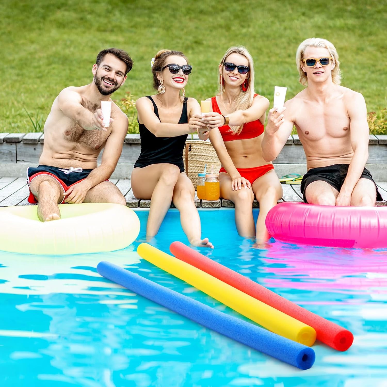 Jumbo Pool Noodles - Lot De 4 Flotteurs En Mousse Creuse - 150 Cm - Rouge, Jaune, Violet, Bleu - Jeux D'eau Et Gymnastique - Dès 3 Ans