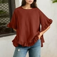 thumbnail image 4 of MIXUE Womens Summer Tops Summer Solid Color Linen Loose Fit Ruffled Round Neck Short Sleeve Button Up Pullover Tee Shirts Streetwear,Yellow,M, 4 of 9