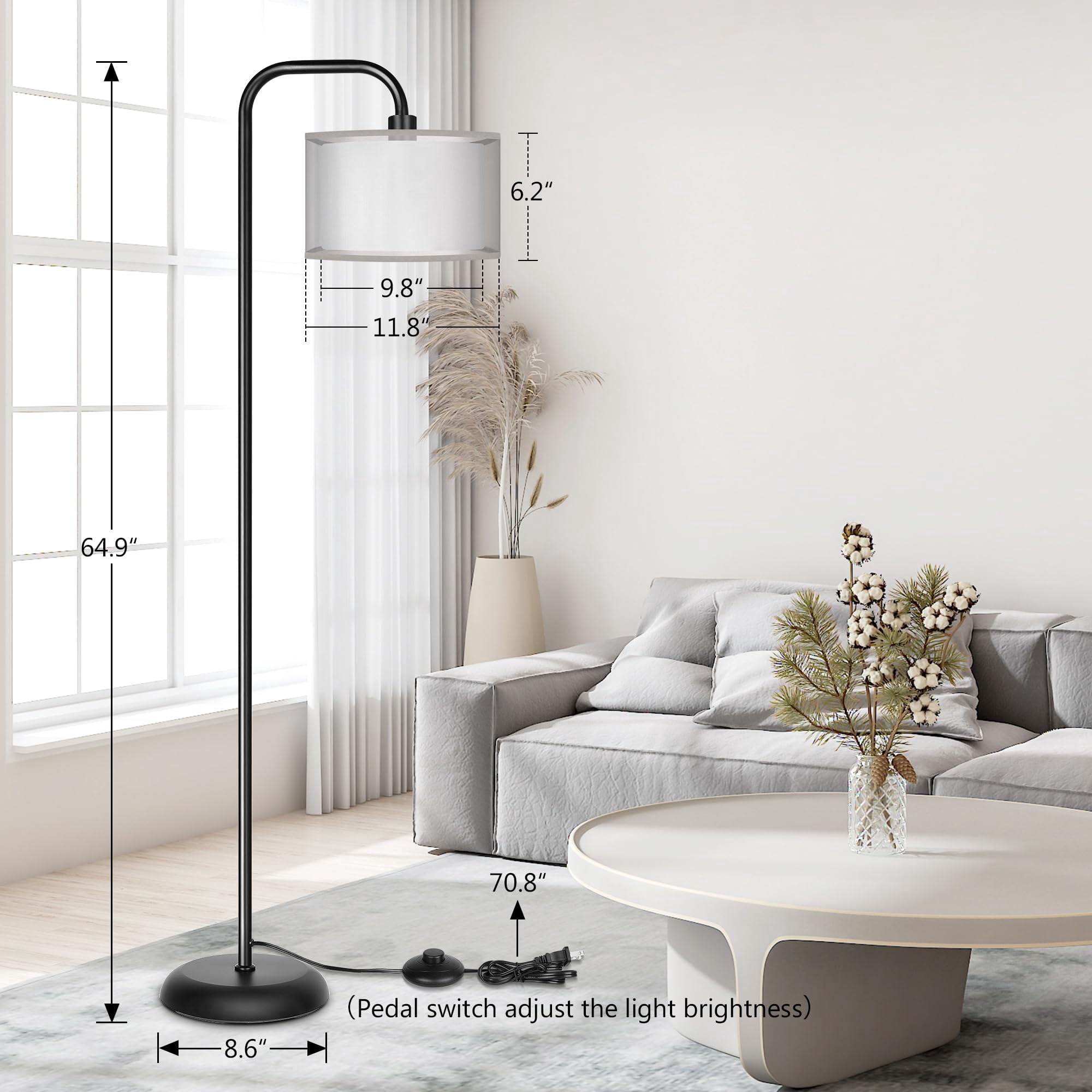 Led Floor Lamp For Living Room  Modern Standing With Foot Grey Organza Fabric Shade Tall Pole Reading Bedroom Study Office 9w Bulb Included
