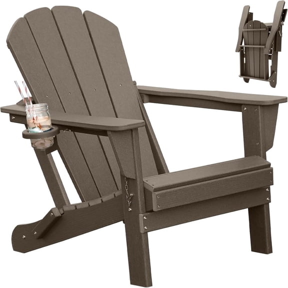 TopComfy Adirondack Chair Folding All-Weather HDPE Plastic Outdoor Patio Lawn Fire Pit Seating with Cup Holder Brown