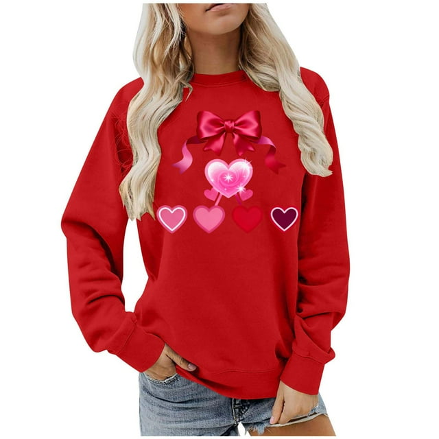 TaTaai Women's Bow Print Round-neck Long-sleeved Sweatshirt, Valentine's Day Gift, Casual Sporty Top, Fall Winter Wear Gift