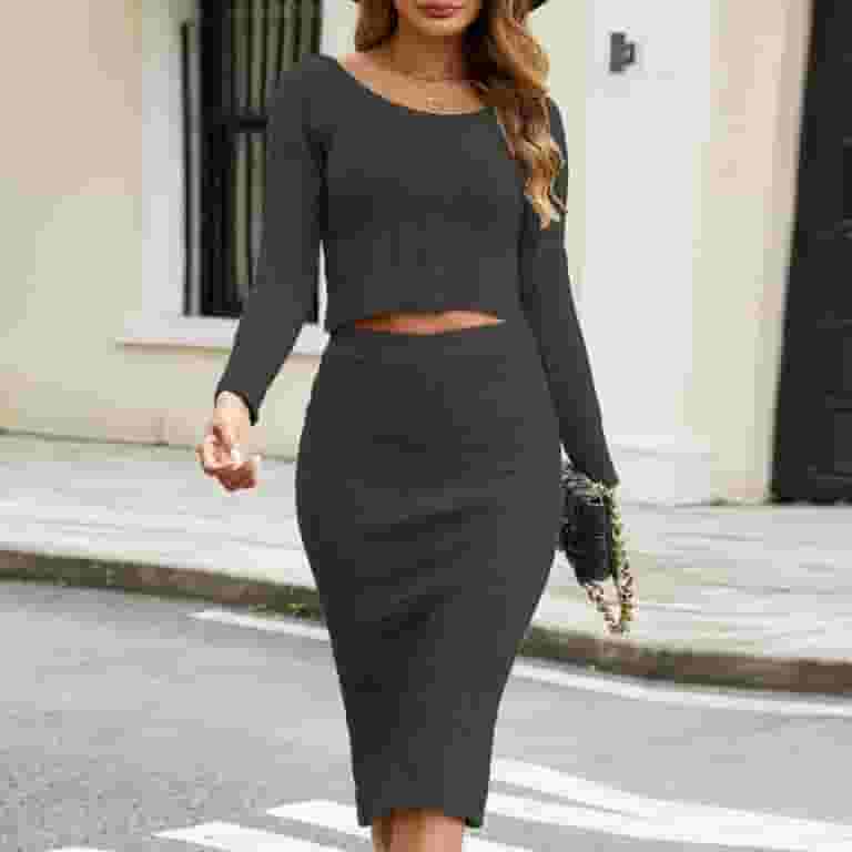 Oplxuo Cable Knit Piece Skirt Sets for Women Long Sleeve Crop
