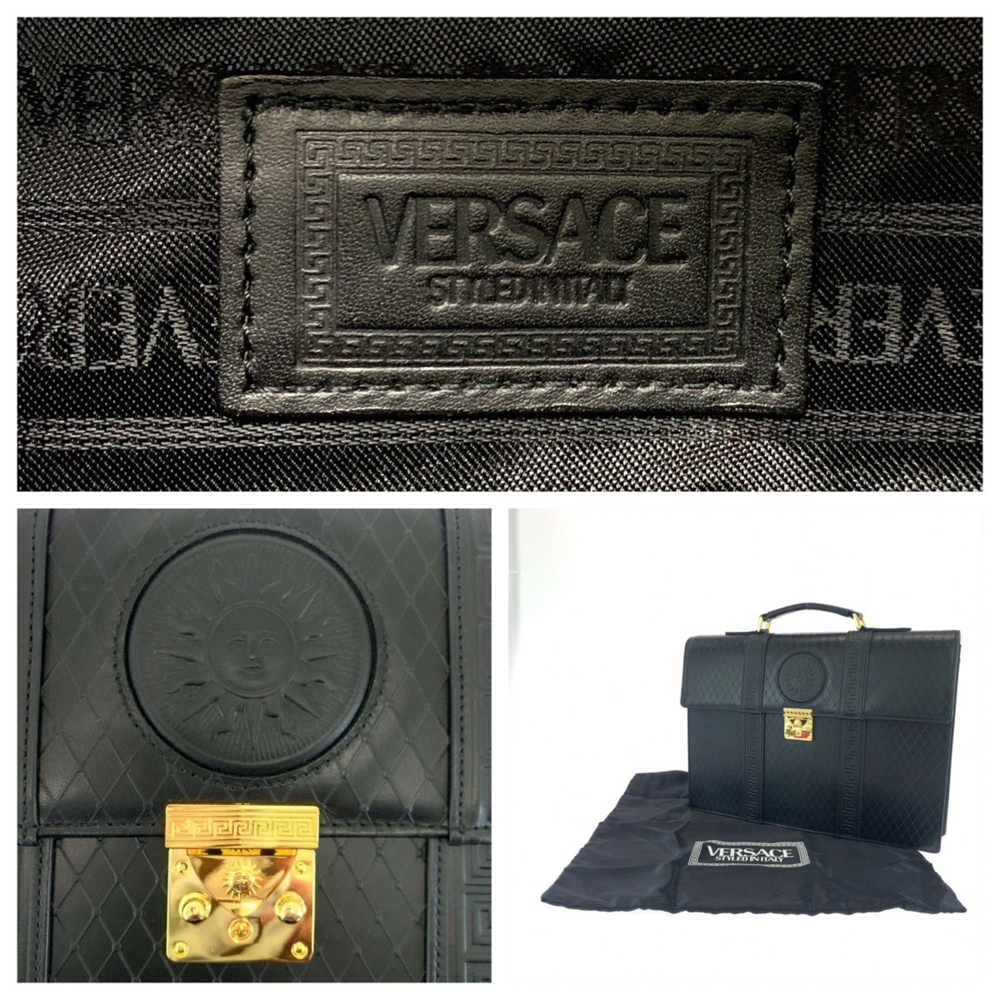 Pre-Owned Gianni Versace Vintage Sunburst Black Leather Business Briefcase with Gold Hardware...