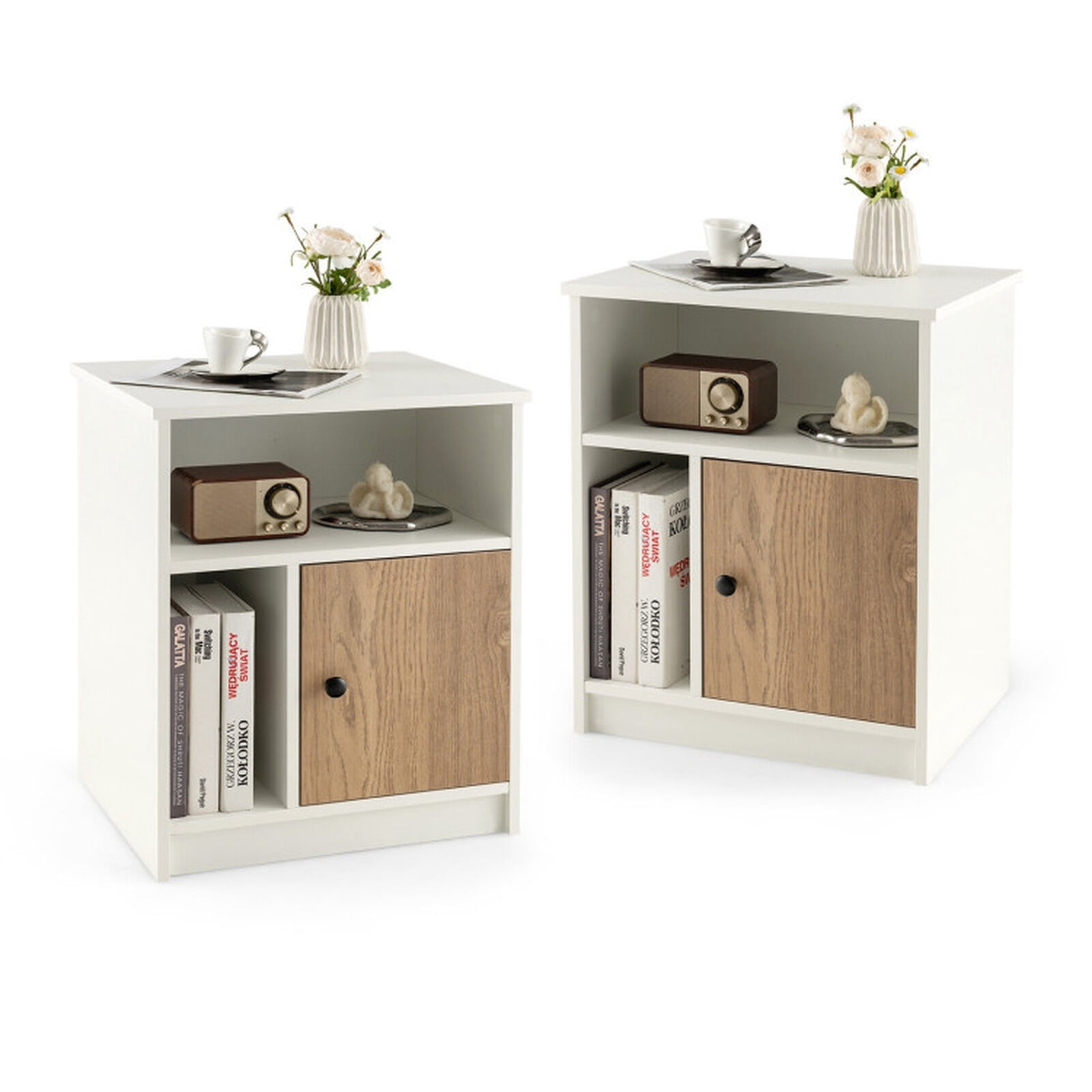 Furnibear 2 Pieces 25 Inch Tall Nightstands with Door and 2 Open Shelves for Bedroom Living Room Bedside Sofa Side Small Space, White