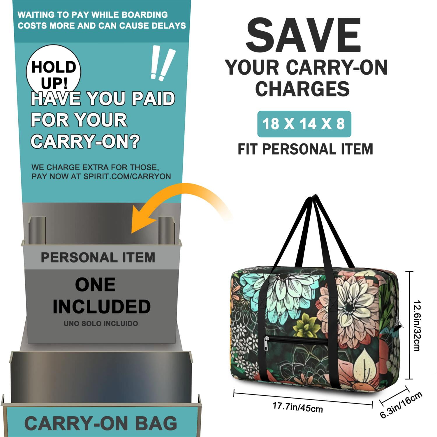 For Spirit Airlines Personal Item Bag 18x14x8 Inch, Floral Weekender Travel Bag, Foldable Travel Duffel Bag Underseat Carry on Bag with Luggage Sleeve for Women and Men 30L